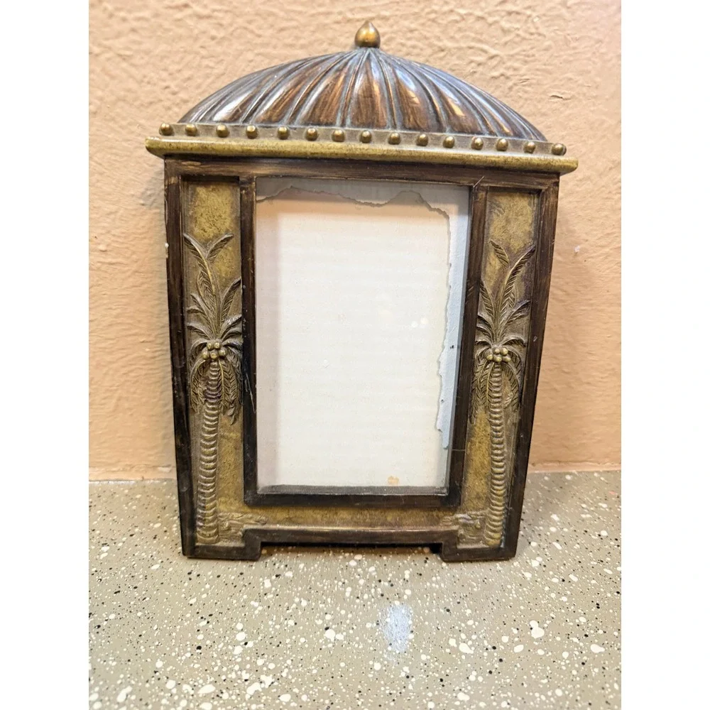 Tropical Palm Tree Picture Frame Gold Bronze Domed Top Tabletop 4x6 Photo Decor